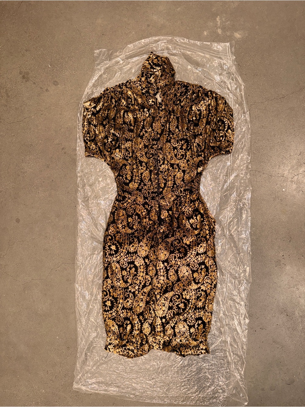 60s VICKY TIEL Black and Gold Paisley-Print Midi Dress